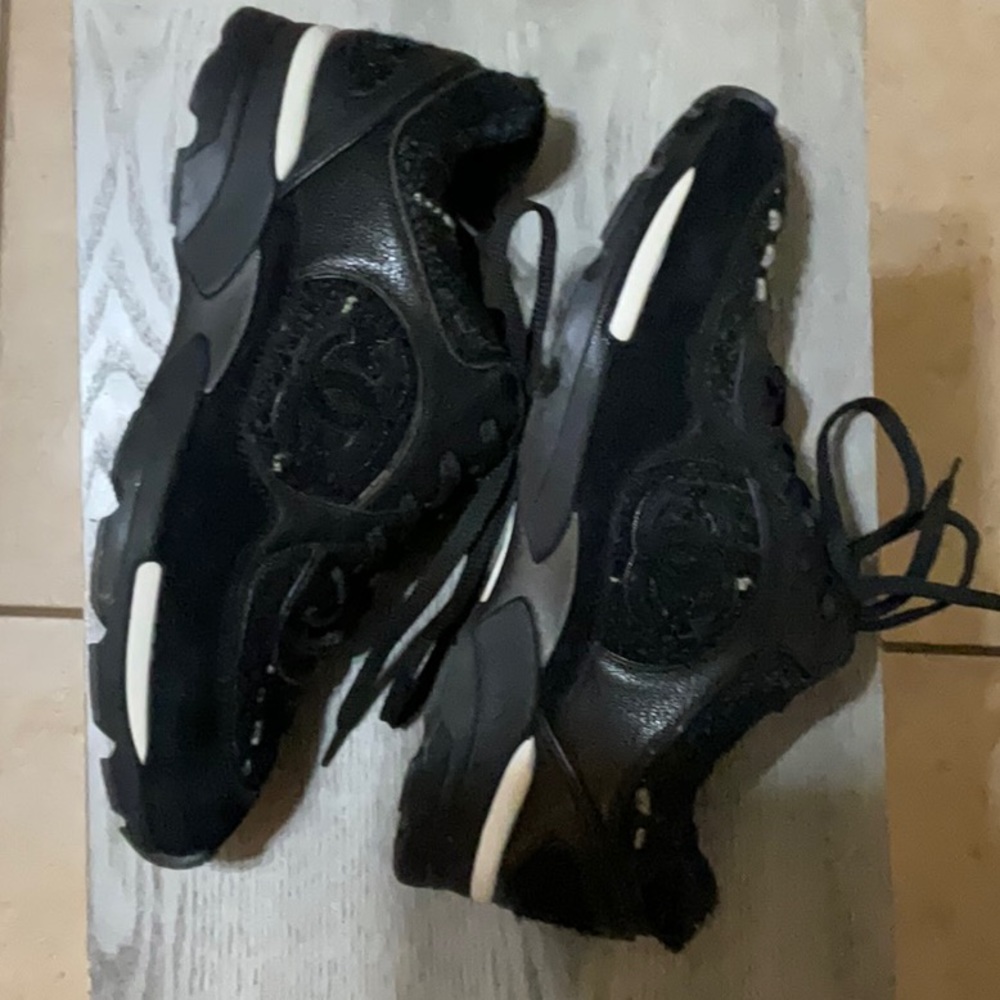 Chanel Black Suede Tweed Sneakers 37
